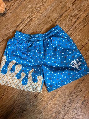 Star Print Blue Kids Swim Shorts with Ice Cream Drip Detail
